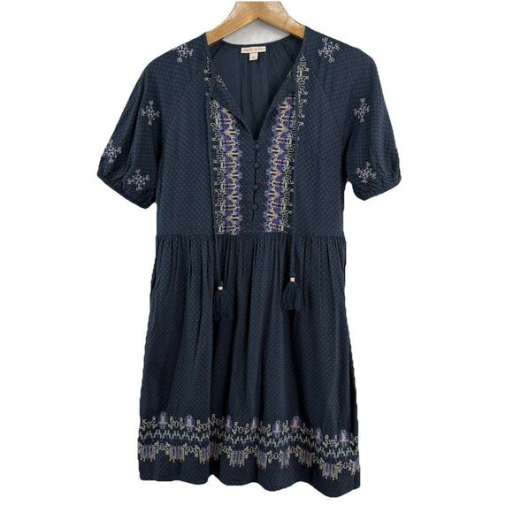 Knox Rose Dresses & Skirts - Knox Rose Womens Size S India Blue Embroidered Boho Midi Dress Tassel Tie Cotton